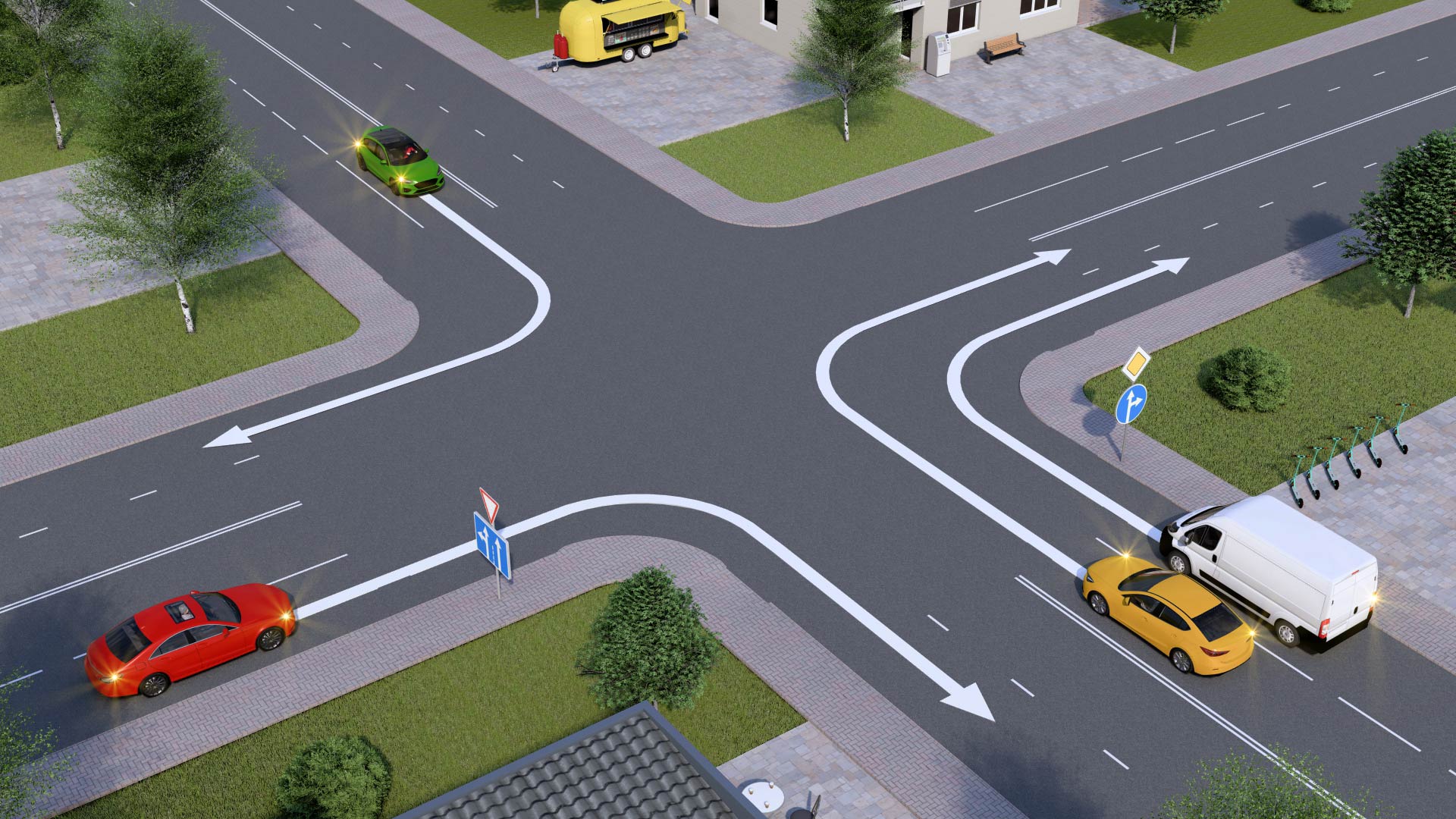 Qaysi transport vositasi o'ngga to'g‘ri burilmoqda? — YHQ savoli uchun rasm