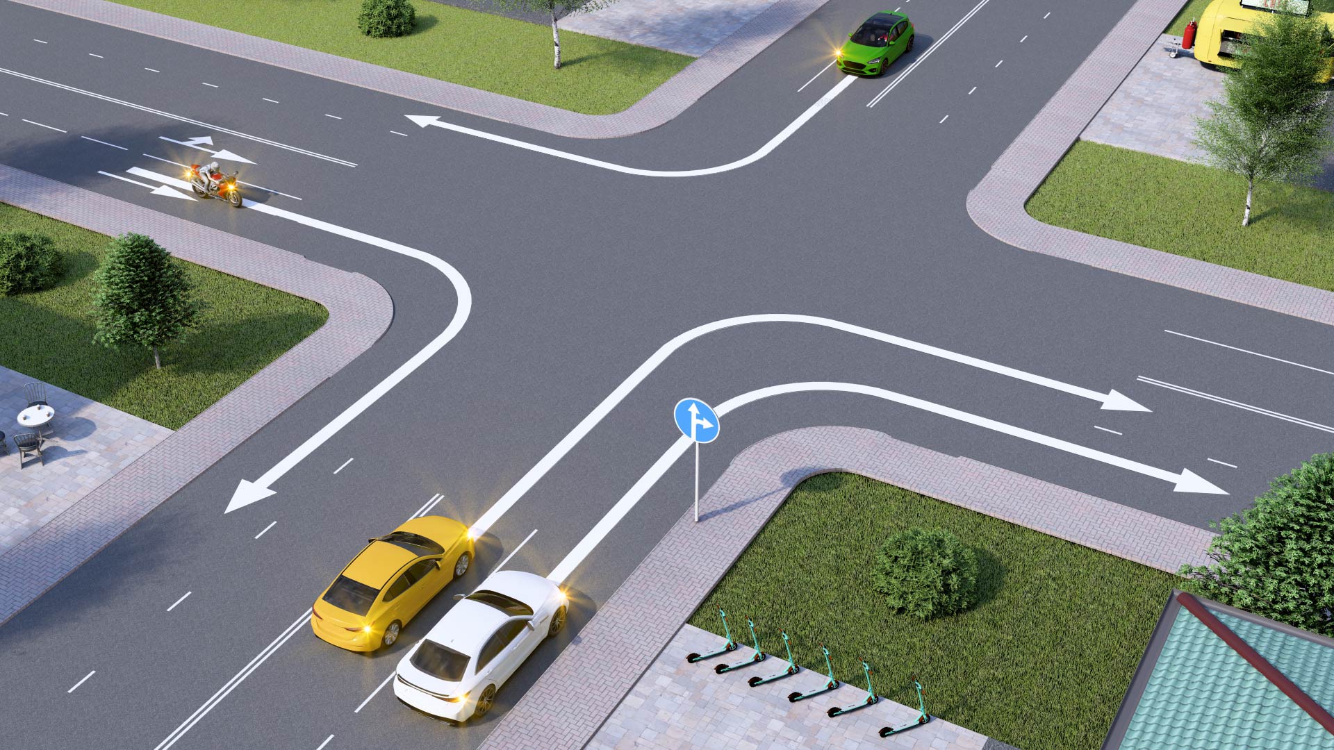 Qaysi transport vositasi o'ngga to'g‘ri burilmoqda? — YHQ savoli uchun rasm