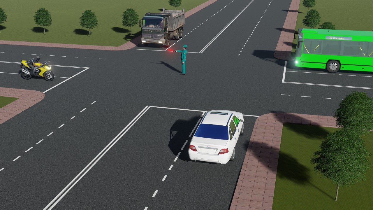 Qaysi transport vositasi haydovchisi to'g'riga harakatlanish huquqiga ega? — YHQ savoli uchun rasm