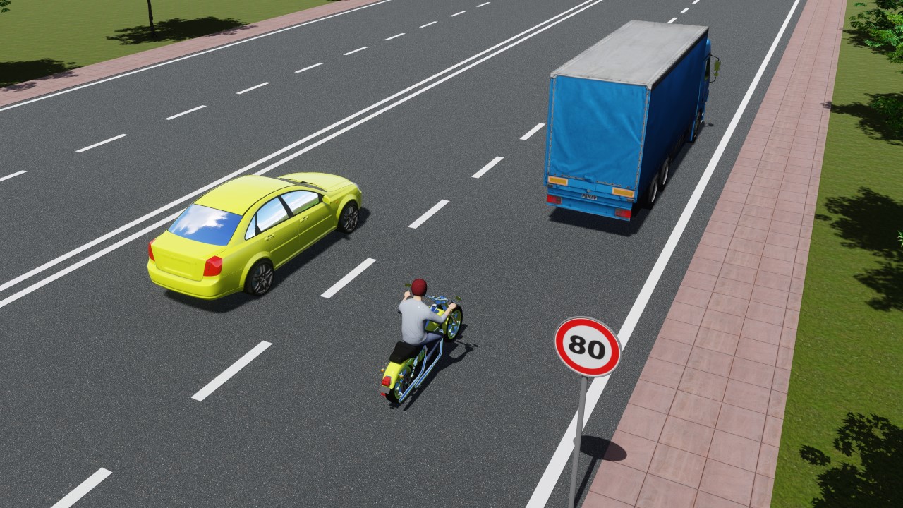 Agar barcha transport vositalari 80 km/soat tezlik bilan harakat qilsa, haydovchilardan qay biri qoidalar talablarini buzadi? — YHQ savoli uchun rasm