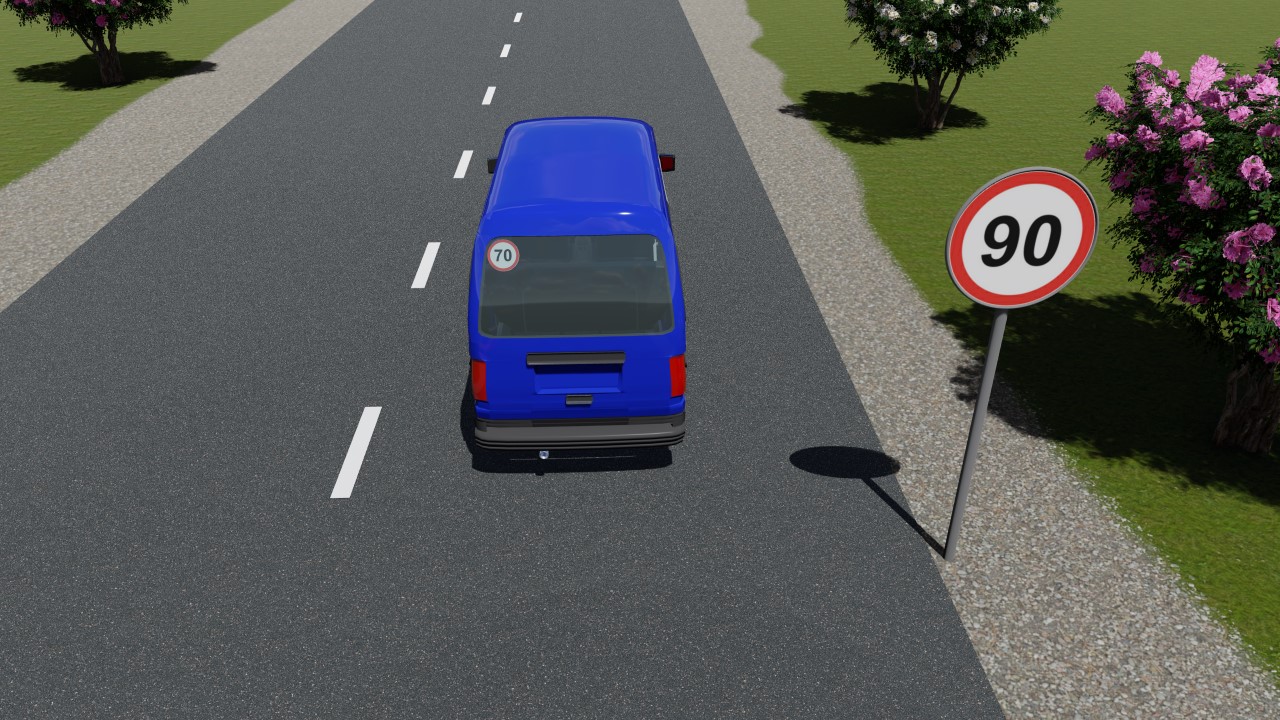 Avtomobilning taniqlik belgisi bo'lganda, yo'lning mazkur qismida qanday yuqori tezlik bilan harakatlanishiga ruxsat etiladi? — YHQ savoli uchun rasm