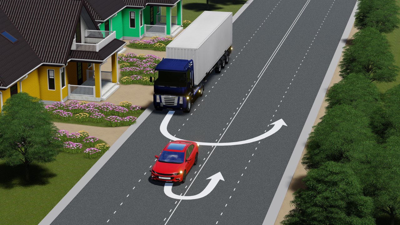 Qaysi transport vositasining haydovchisi qayrilib olishni to'g'ri bajarmoqda? — YHQ savoli uchun rasm