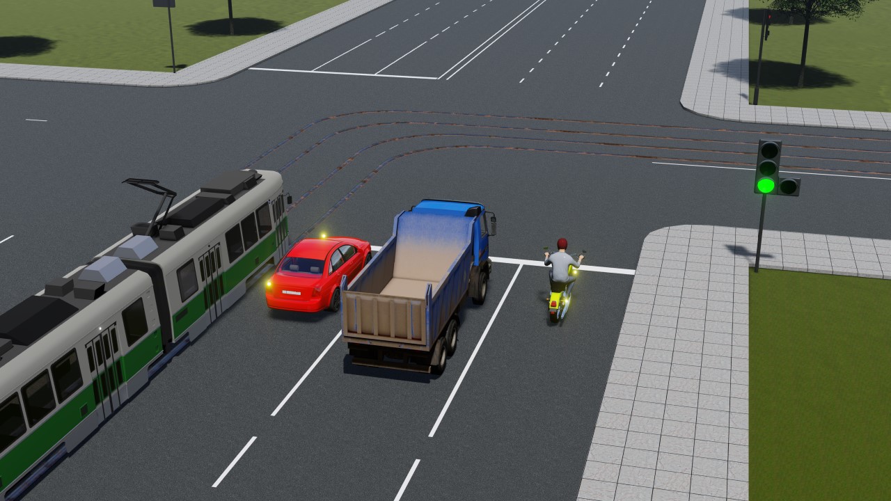 Svetoforning ushbu ishorasida qaysi transport vositalariga harakatlanishga ruxsat etilgan? — YHQ savoli uchun rasm